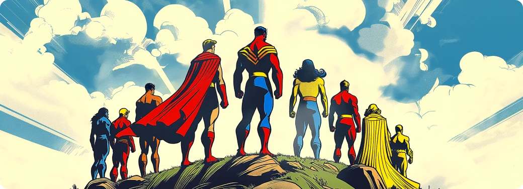 A group of superheroes standing on top of a hill.