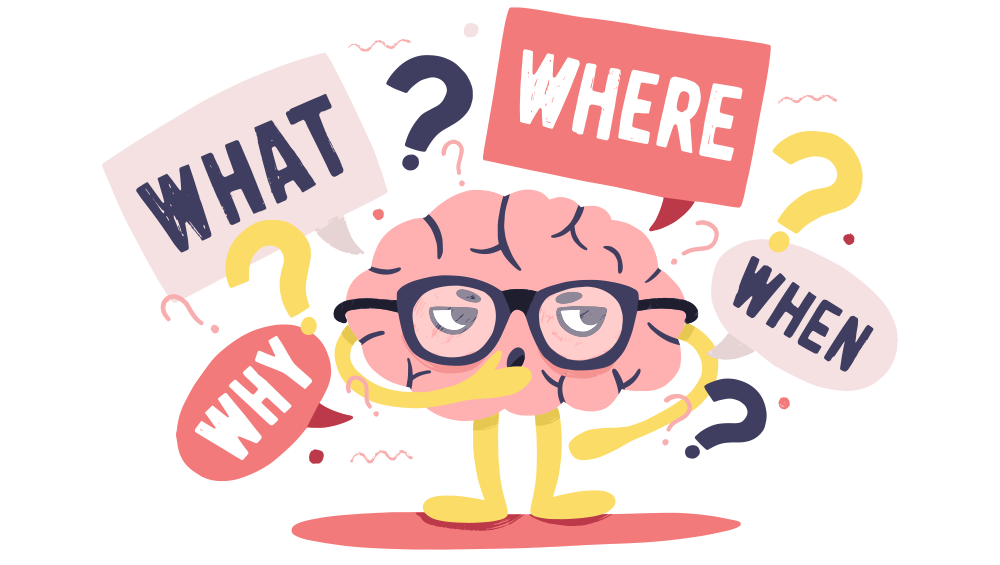 A cartoon brain with glasses and a mustache is surrounded by question marks and speech bubbles.