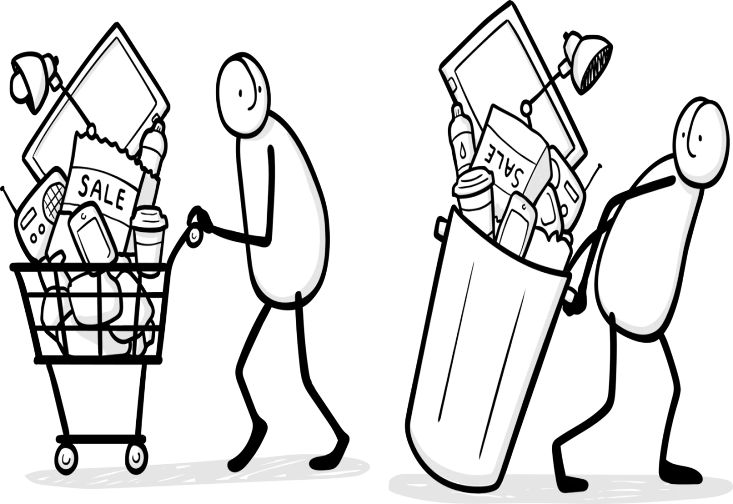 A black and white drawing of a stick figure carrying a shopping cart and a trash can.