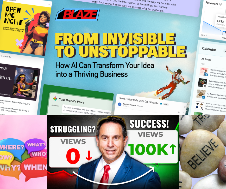 A man in a suit and tie stands in front of a poster that says from invisible to unstoppable