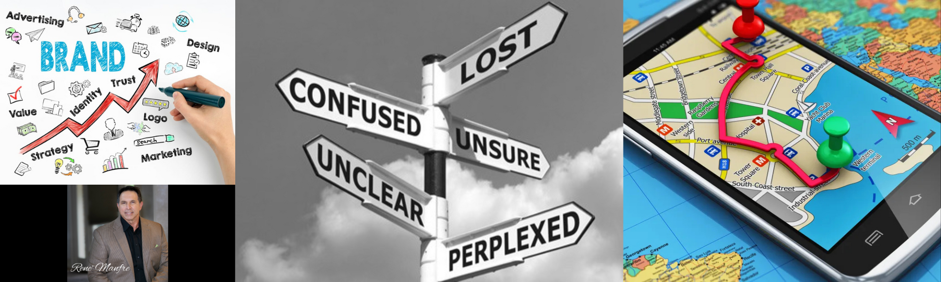 A man is writing on a white board next to a sign that says lost.