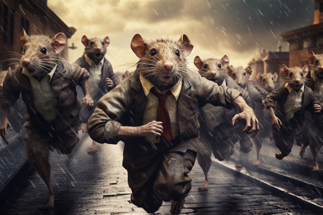 A group of mice are running down a street in the rain.