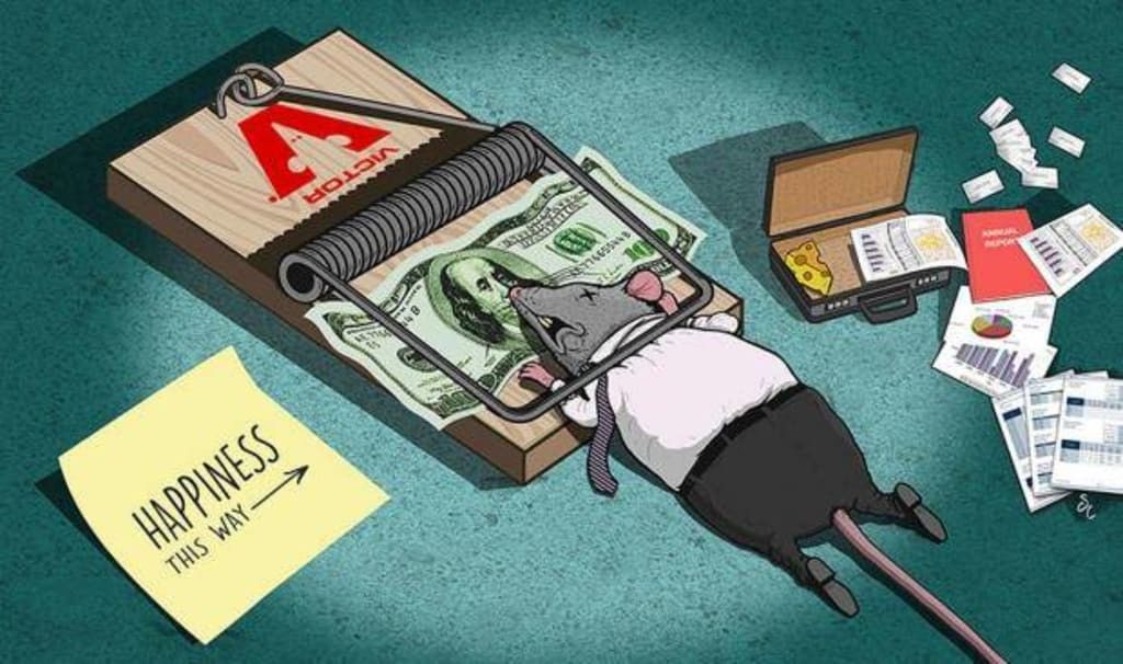 A mouse is laying in a mousetrap with a note that says happiness this way