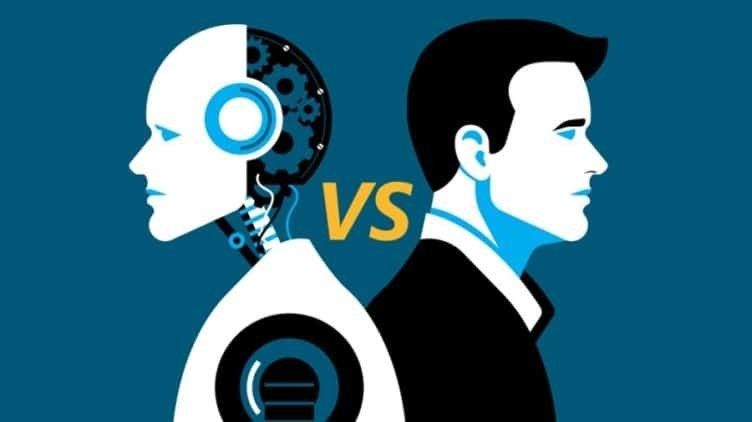 Robot and man facing each other with the word
