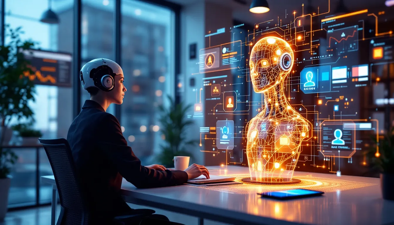 A person in a suit interacts with a holographic robot in a modern office setting, data visualizations surround them.