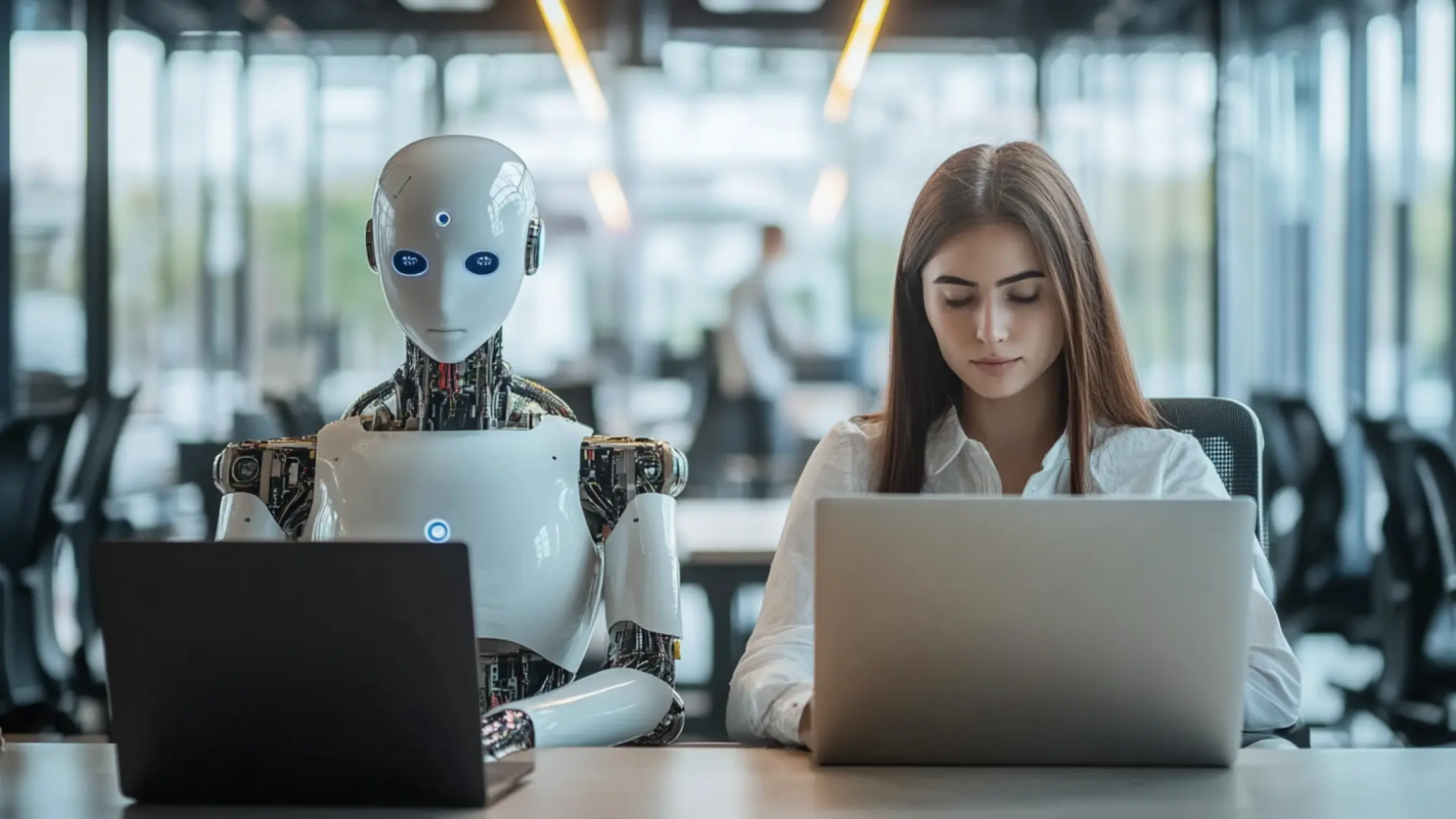 Robot and woman working at laptops in modern office.