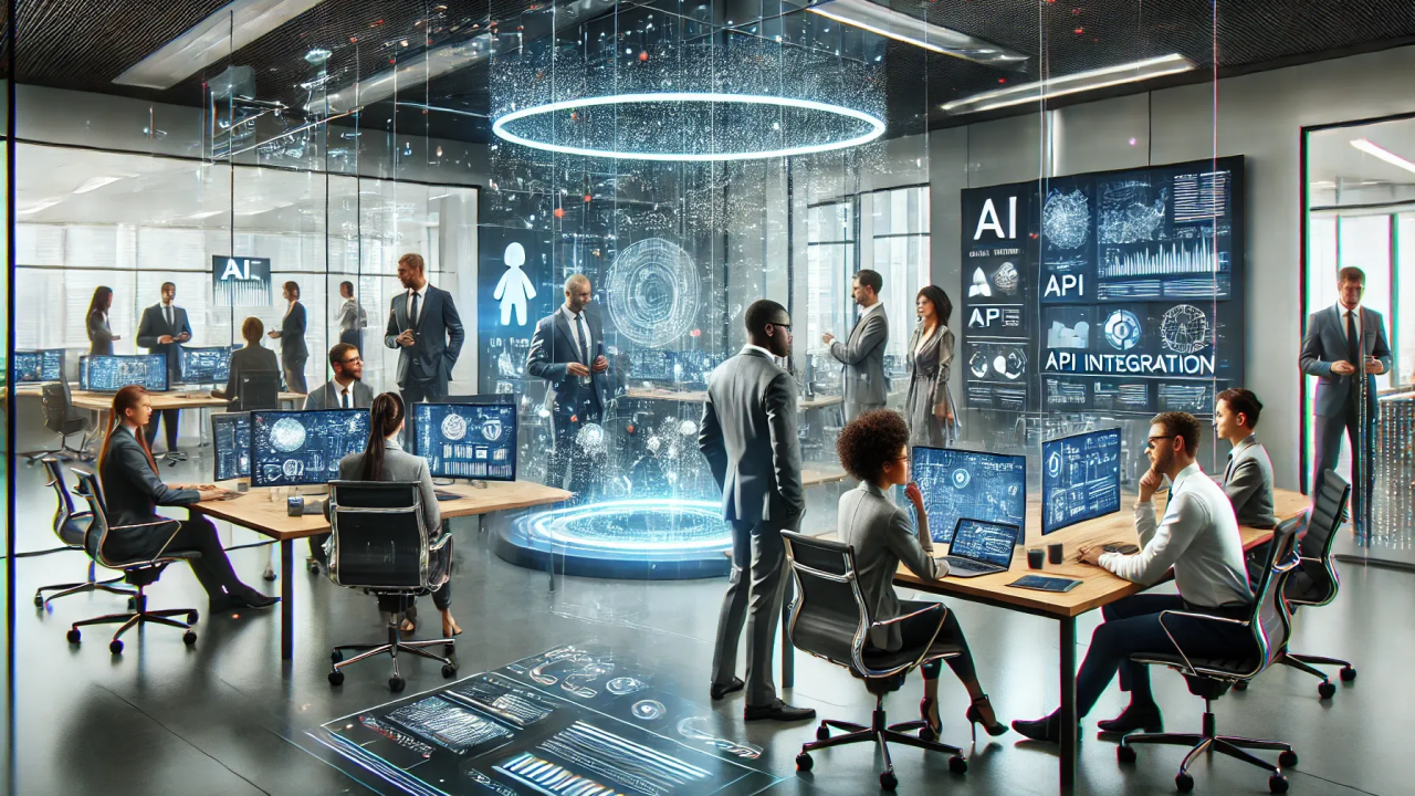 Business professionals in a modern office, working at computers, with digital projections and data visualizations.