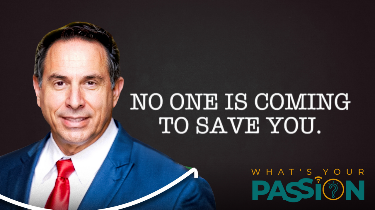 Man in suit, red tie, and dark background; text reads
