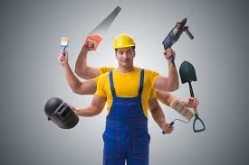 Handyman with multiple arms holding tools; yellow shirt, blue overalls, hard hat.