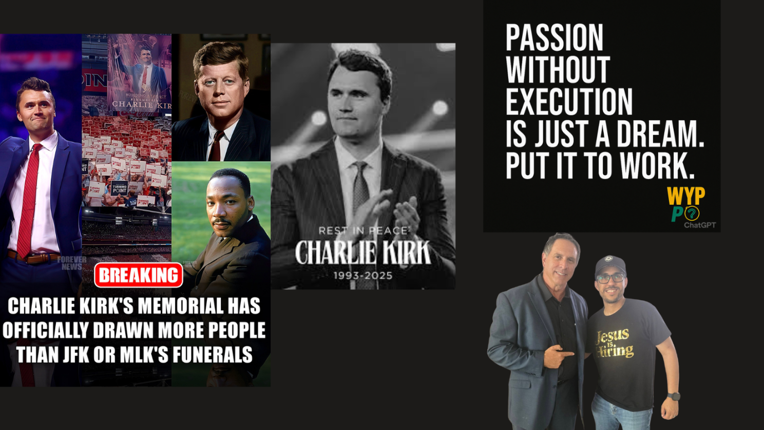 Collage: Charlie Kirk with memorials, quotes & other figures. 