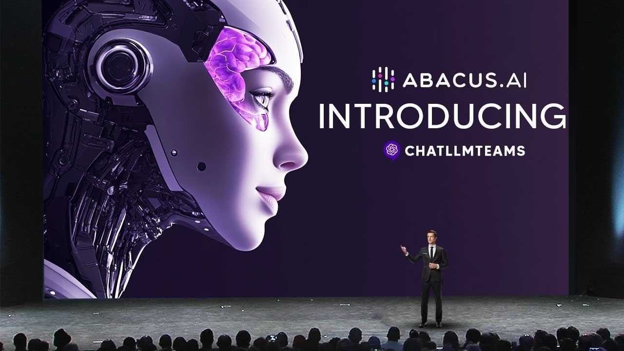 Man presenting on stage in front of a screen with a cyborg face. Text says 