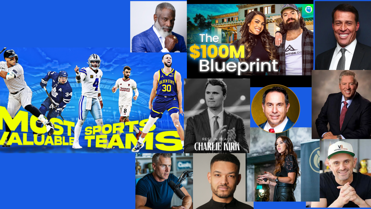 Collage: Most valuable sports teams alongside business figures, using blue and yellow text and multiple headshots.
