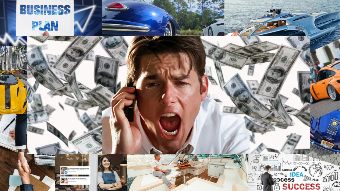 Man yelling into a phone, surrounded by money, cars, and business-related images, suggesting stress and financial success.