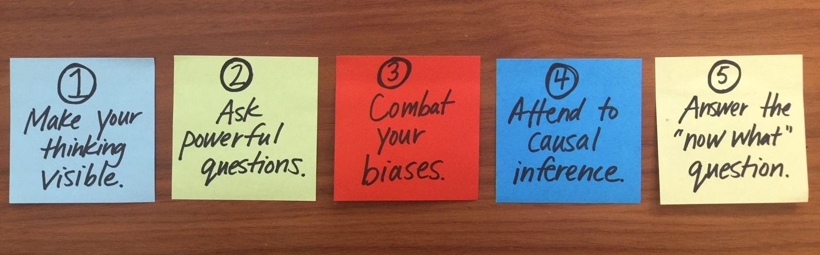 Five sticky notes with handwritten tips