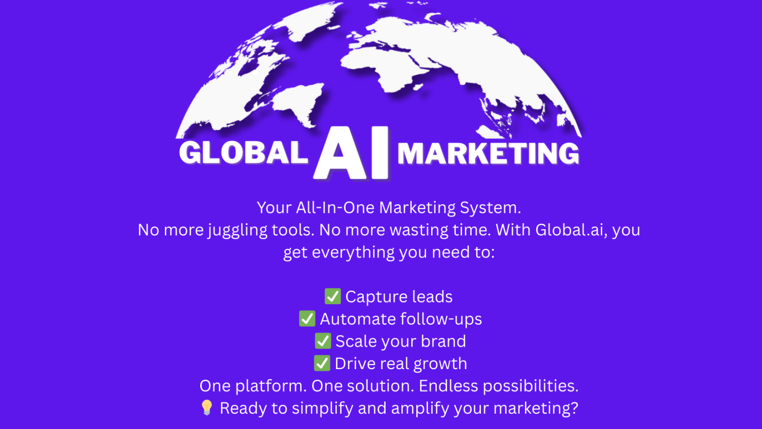Global AI Marketing ad with a world map, purple background, and marketing features.