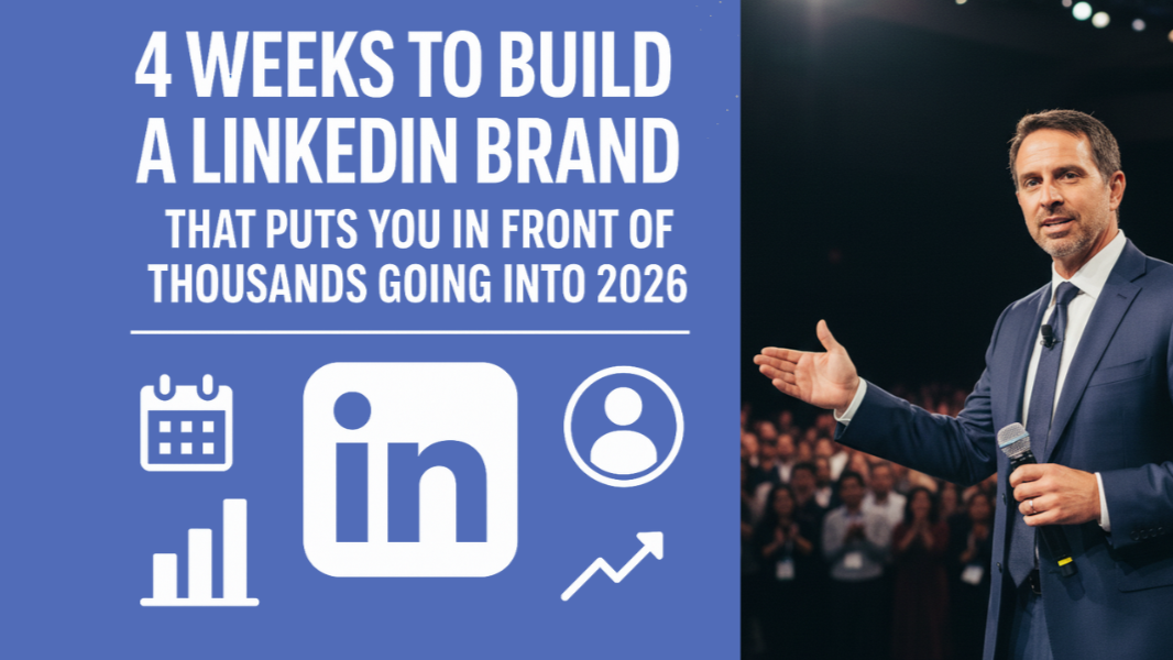 Man on stage promoting a 4-week LinkedIn brand-building plan. Text over a blue background. LinkedIn logo and icons.