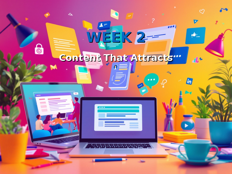 Week 2 content creation graphic with laptops, floating website elements, text