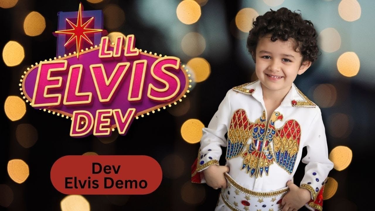 Child in an Elvis costume, smiling, next to