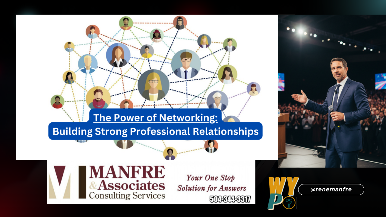 A man giving a presentation about networking, with a graphic of interconnected profile images.