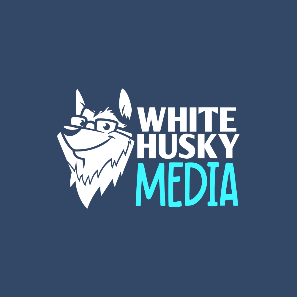 White husky logo wearing glasses, next to
