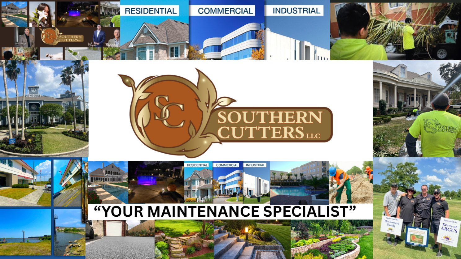 Southern Cutters logo with property maintenance photos: residential, commercial, and industrial landscape.
