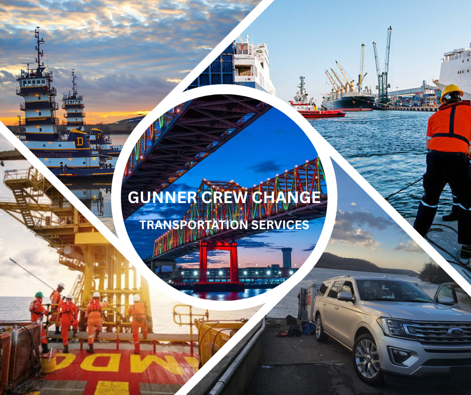 Transportation services for crew changes, showing ships, docks, bridge, and a car.