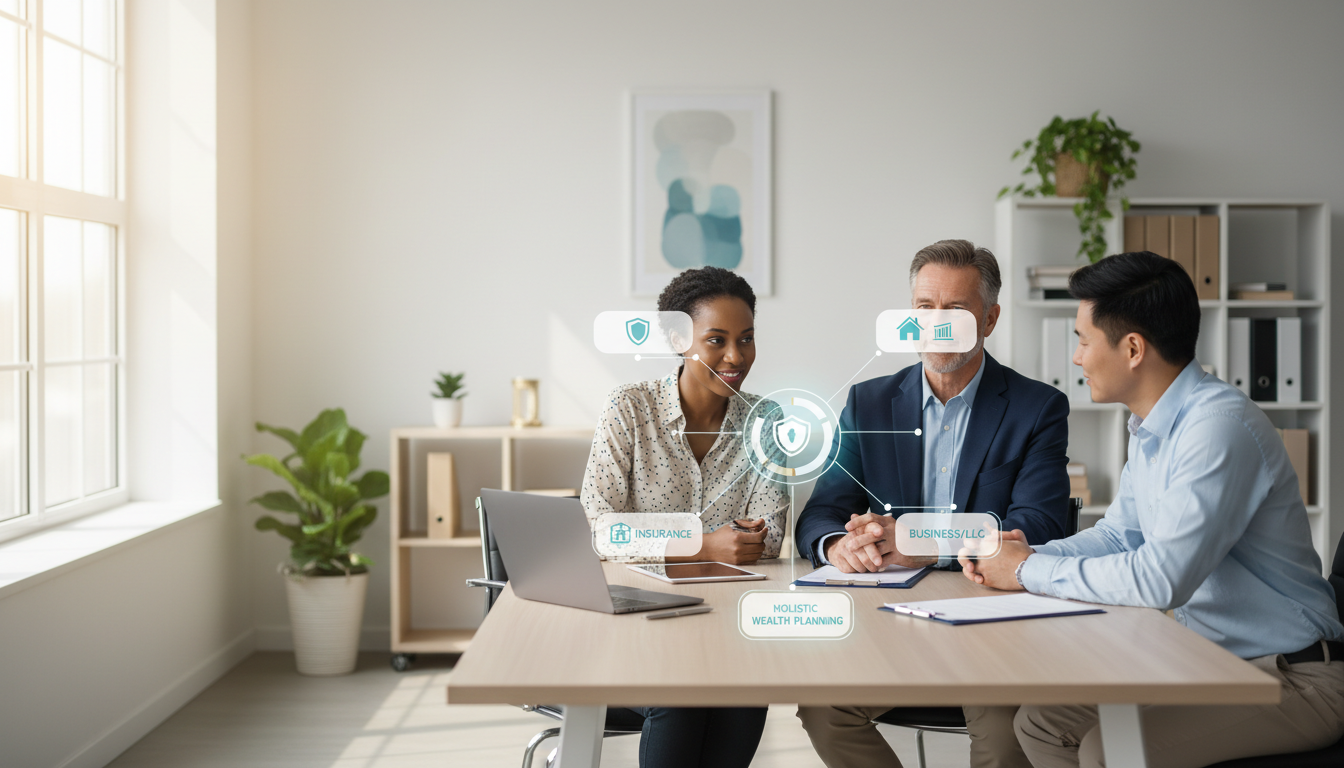 Three people at a table, discussing with digital icons floating above them, laptop, papers, and plants.