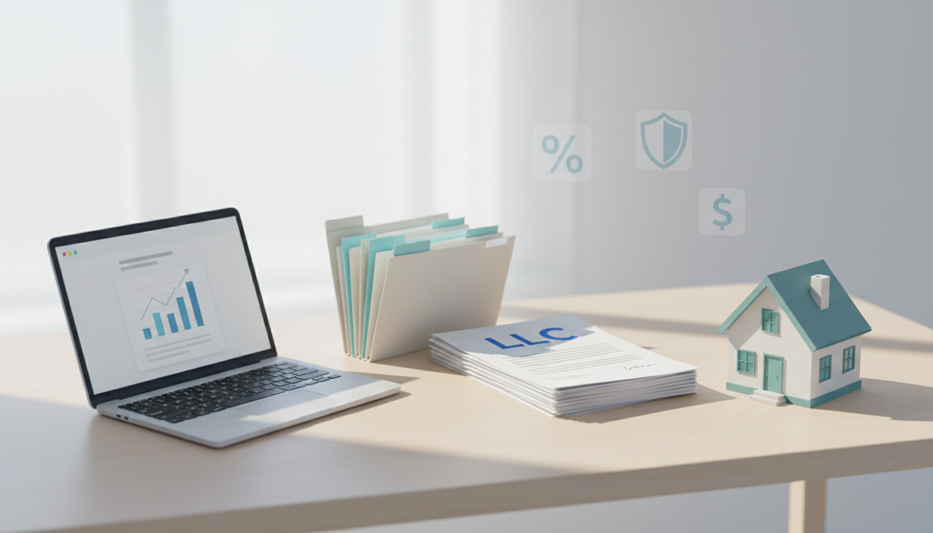 Laptop, files, calculator, and house model on a desk with financial icons floating above.