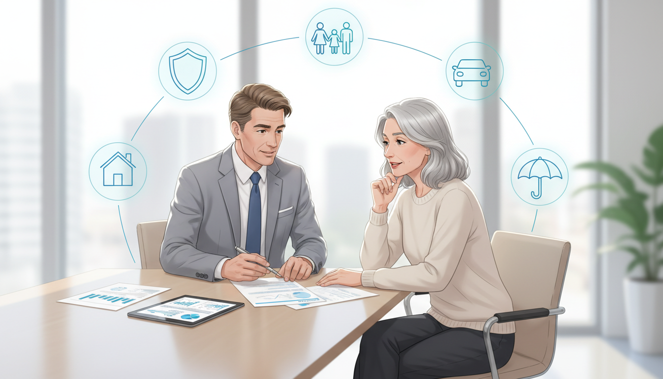 A man in a suit consults with a woman at a table; diagrams of different insurance types float overhead.