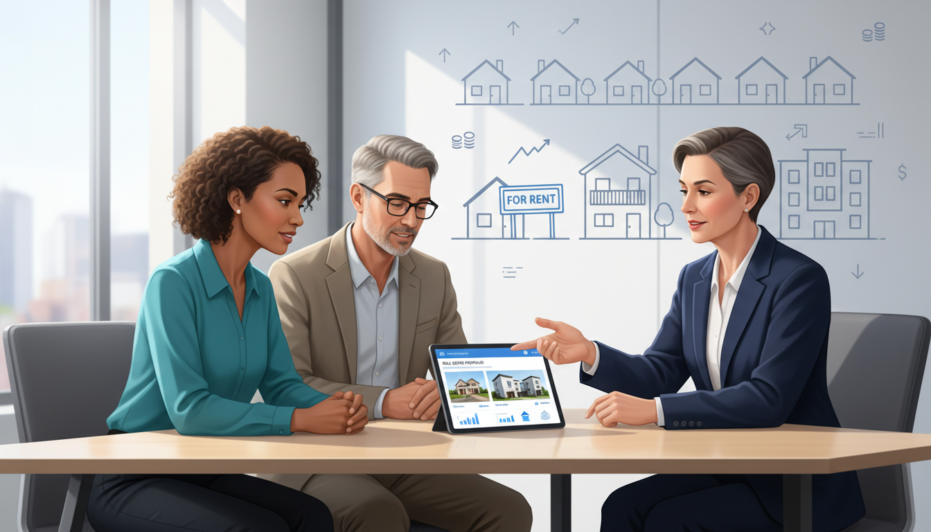 A real estate agent reviews a tablet with a couple at a table; house sketches on the wall.