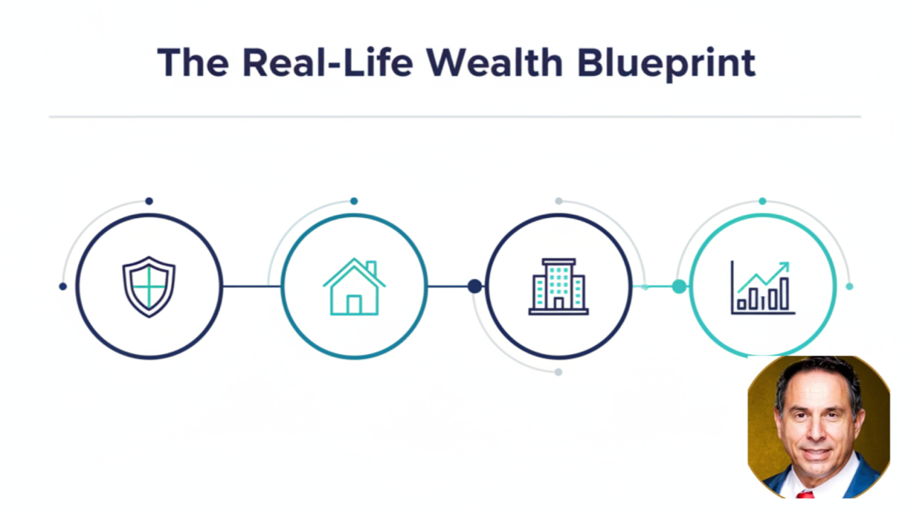 Wealth blueprint: Protection, home, building, and growth in a circular flow. Man in corner.