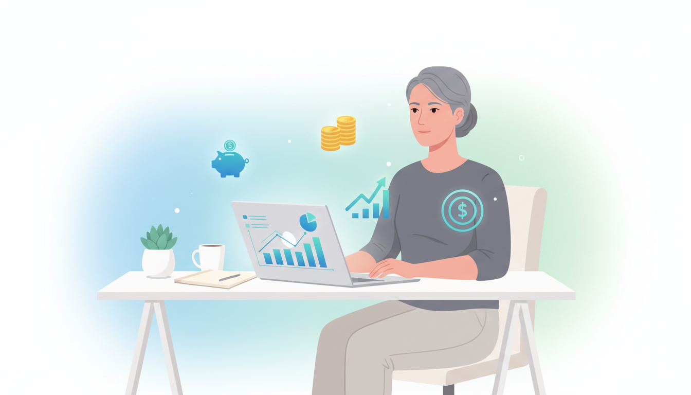 Woman at desk, analyzing charts on laptop; money and growth icons float around.