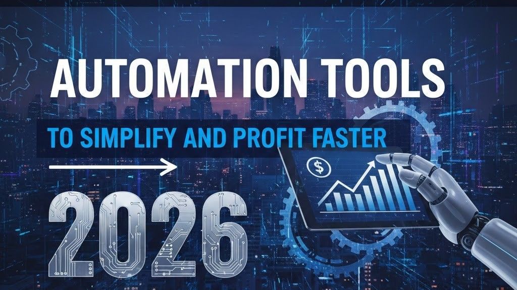 Automation tools to simplify and profit faster: robotic arm with digital graph, gears, cityscape, 2026.