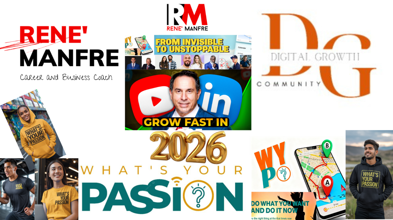 Logos and graphics related to business, social media, and personal growth, including YouTube.