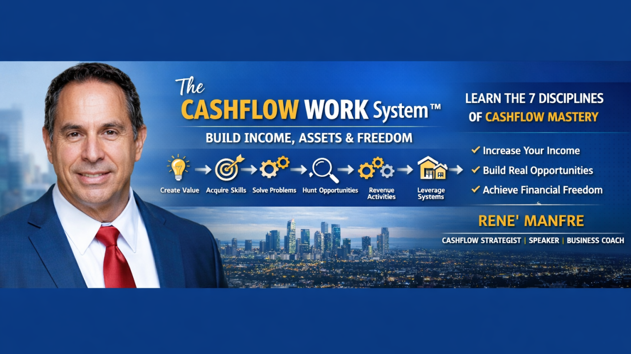 Rene Manfre promotes The Cashflow Work System with a business process graphic and city skyline background.