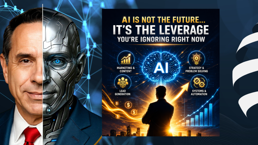 A split-face portrait of a man and a cyborg next to a graphic about AI business leverage and automated growth.