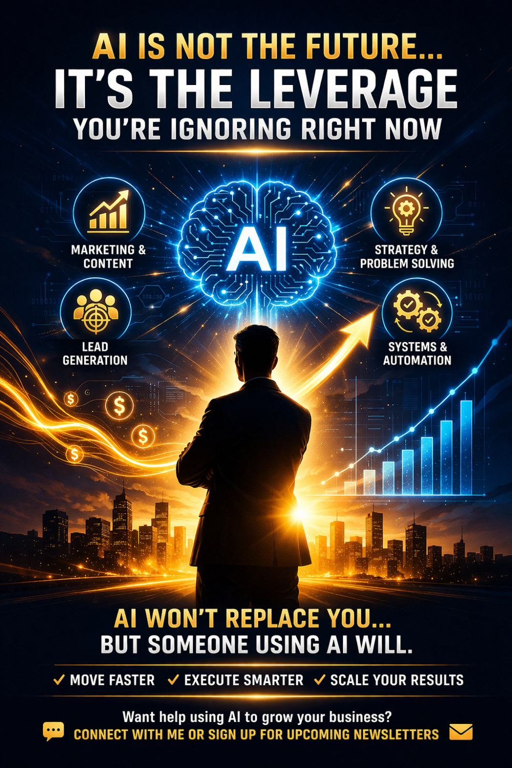 A silhouette of a person stands before a glowing AI brain graphic with business icons, growth charts, and motivational text.