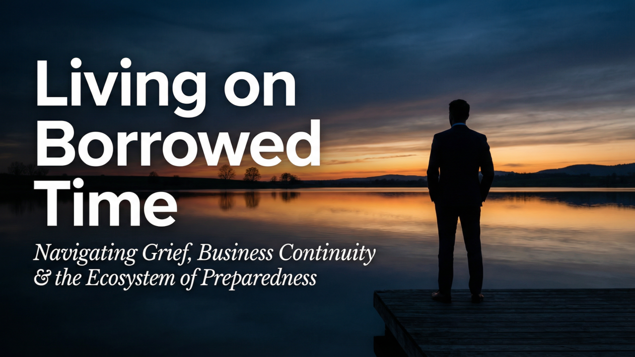 A person in a suit stands on a wooden dock overlooking a lake at sunset. Text reads: 