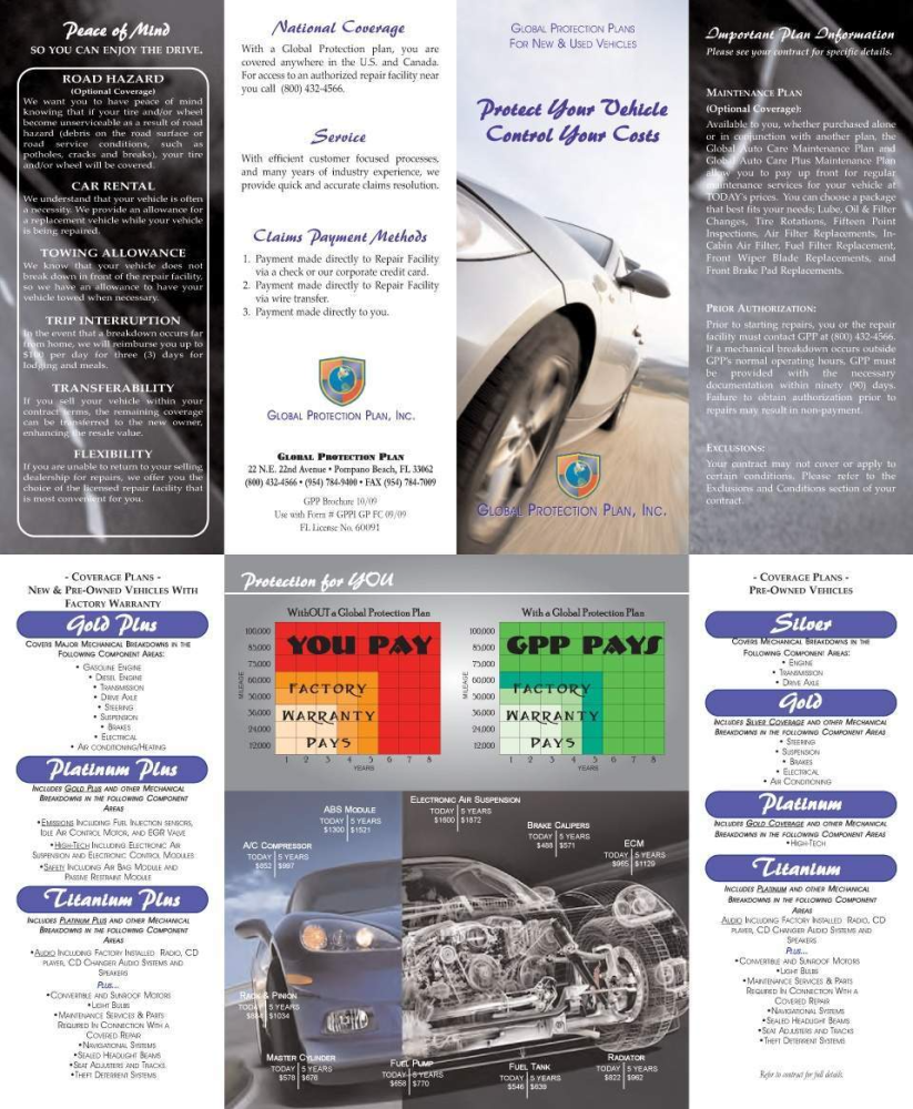 Informational brochure for Global Protection Plan, detailing vehicle service contracts, coverage tiers, and benefits.