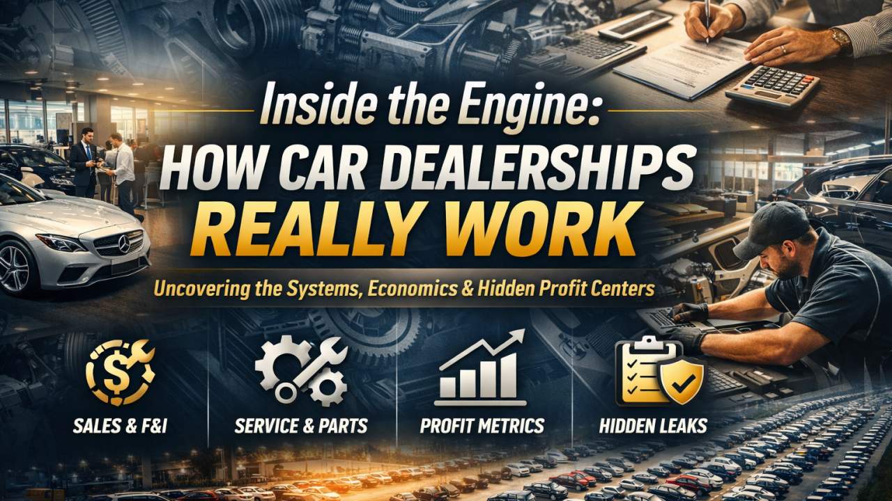 Title graphic showing car dealership operations with four icons: Sales & F&I, Service & Parts, Profit Metrics, and Leaks.