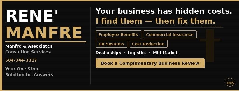A business card for Rene' Manfre, featuring contact info, services like HR and insurance, and a link for a business review.