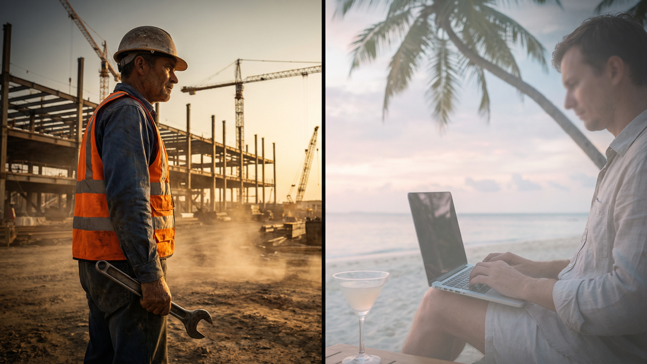 A split image contrasting a construction worker on a dusty site with a person working on a laptop on a beach.