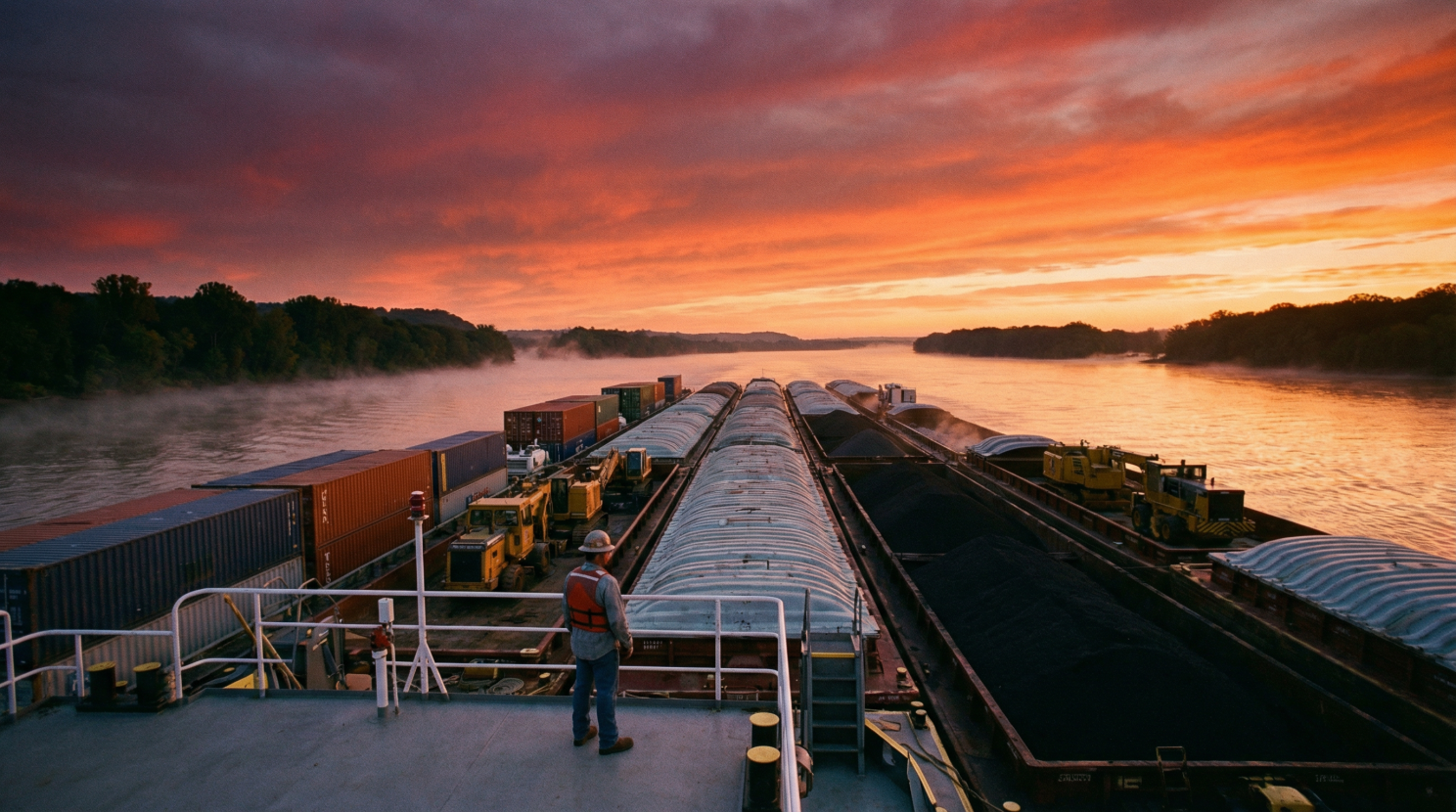 A worker stands on a barge boat carrying cargo along a misty river at sunset with a vibrant orange and purple sky.