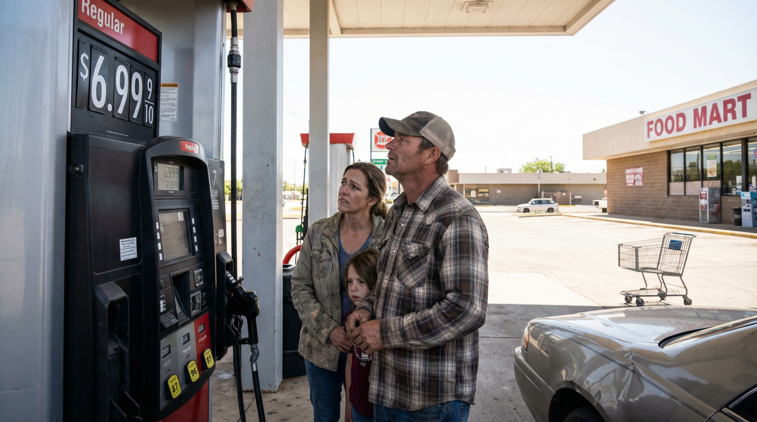 A family standing at a gas station pump, looking up at the high fuel price display of $6.99.