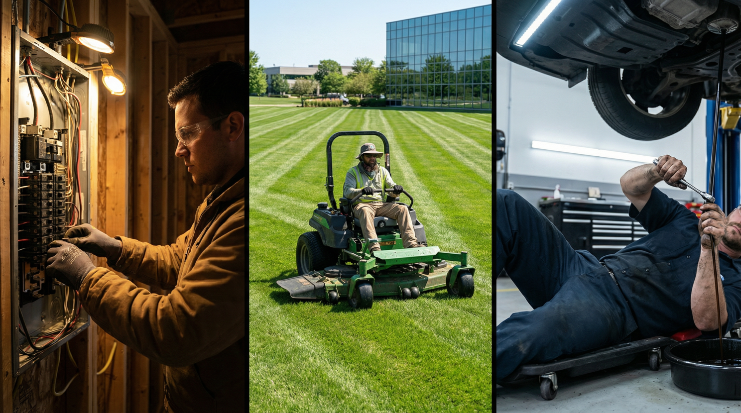 A triptych showing an electrician working on a panel, a person mowing a lawn, and a mechanic repairing a car's underside.