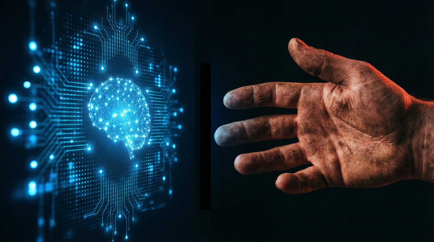 A dirty hand reaches toward a glowing, digital blue brain icon integrated into a network of circuit board lines.