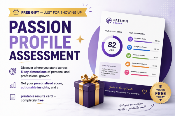 Purple and white promo for “Passion Profile Assess,” with gift box, report mockup, and free gift badge