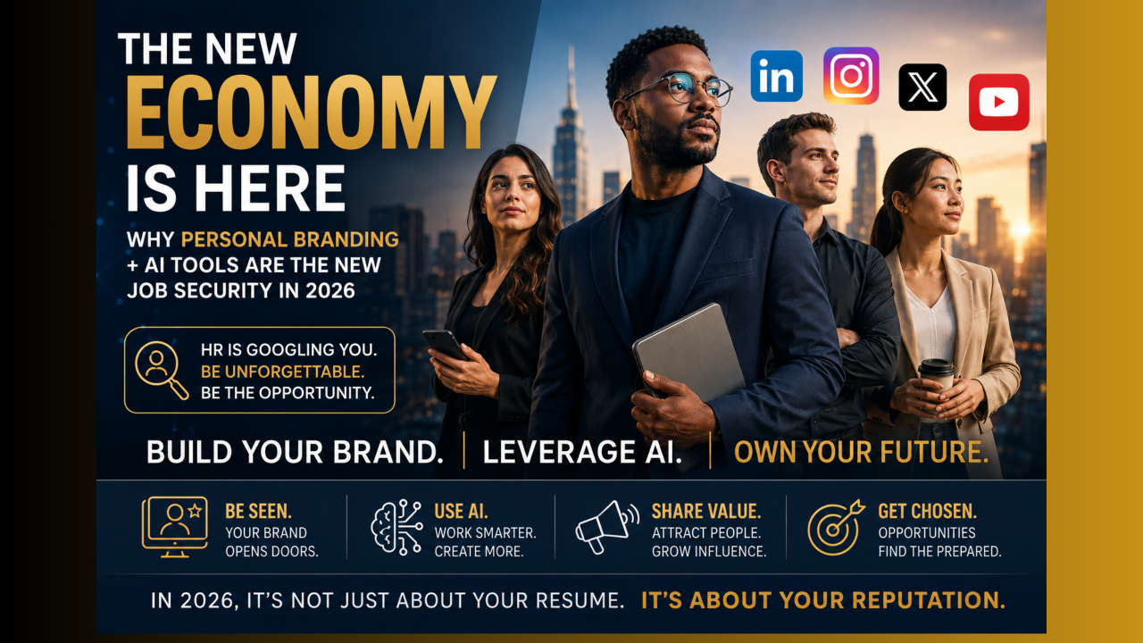 Business promo poster: man with laptop in city skyline, text “The New Economy Is Here” and social media icons.