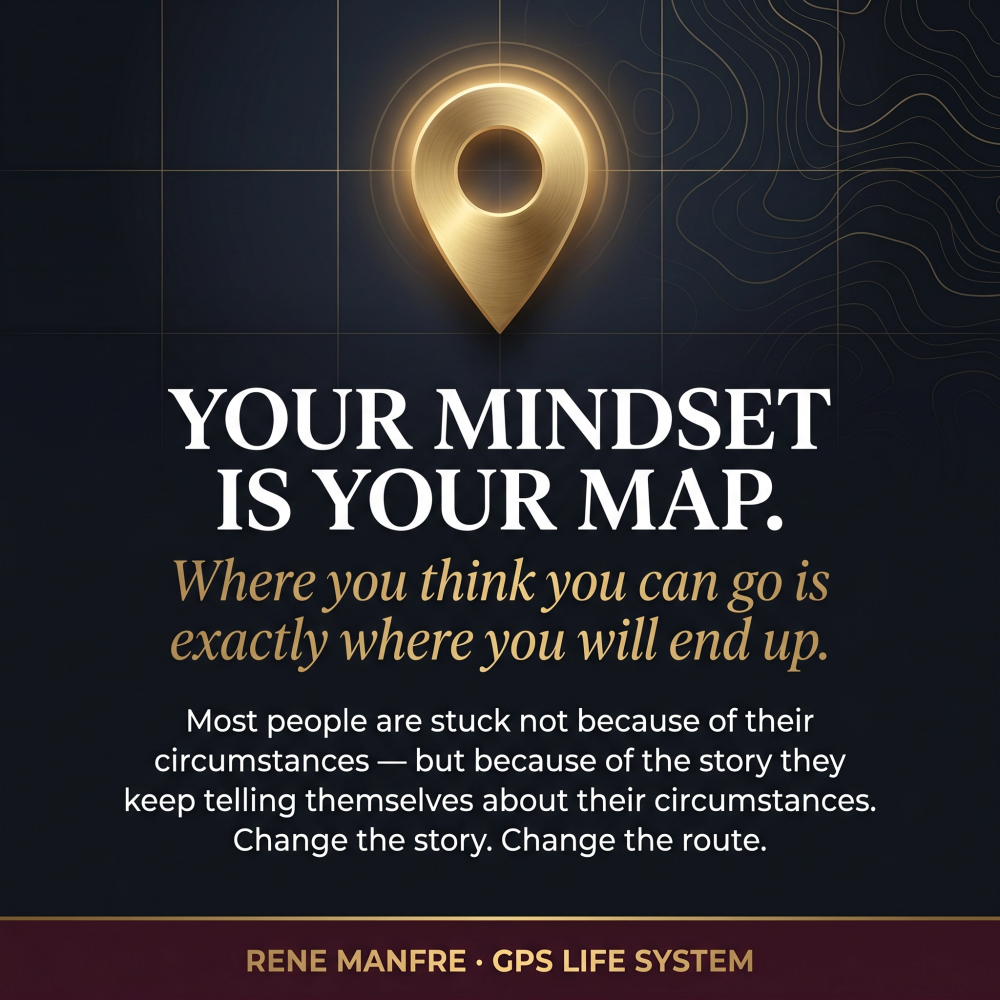 Gold map pin above motivational quote on dark background: “Your mindset is your map.”