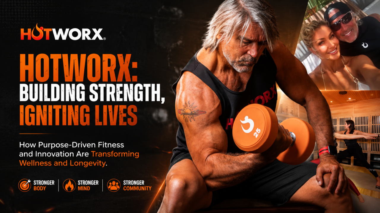 Hotworx fitness promo with man lifting orange dumbbell, bold orange text on black background